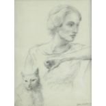EVAN CHARLTON pencil drawing - portrait of a lady with cat, entitled verso 'Woman with Cat',