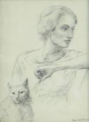EVAN CHARLTON pencil drawing - portrait of a lady with cat, entitled verso 'Woman with Cat',