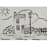 JACK JONES charcoal - small house and landscape, signed with initials, 1985, 20 x 28cms