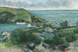 GLYN GRIFFITHS oil on board - entitled verso 'Cornish Harbour, St Isaac', 45 x 65cms Provenance: the
