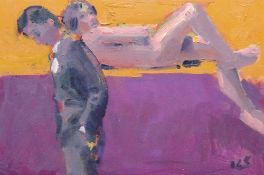 KEVIN SINNOTT oil on board - two figures, entitled verso 'Bunk Beds II, 2008', signed with initials,