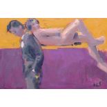 KEVIN SINNOTT oil on board - two figures, entitled verso 'Bunk Beds II, 2008', signed with initials,