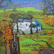 JOHN ELWYN oil on canvas - bright landscape with whitewashed farm and trees, entitled verso 'Below