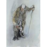 WILLIAM SELWYN watercolour - farmer with stick and admiring sheep dog, signed in full, 40 x 30cms