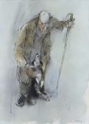 WILLIAM SELWYN watercolour - farmer with stick and admiring sheep dog, signed in full, 40 x 30cms