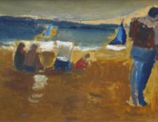WILL ROBERTS oil on board - figures and boats with blue sea, entitled verso 'On the Beach,