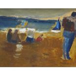 WILL ROBERTS oil on board - figures and boats with blue sea, entitled verso 'On the Beach,