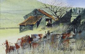 MALCOLM EDWARDS watercolour - hillside ruins with corrugated roofing and farmer at doorway,