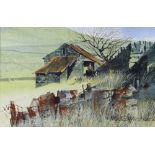 MALCOLM EDWARDS watercolour - hillside ruins with corrugated roofing and farmer at doorway,