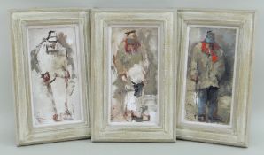 ANDREW DOUGLAS FORBES oil on board, triptych - repeat figure in varying palette, signed, 20 x 9.5cms