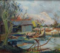 RAY HOWARD JONES oil on board - wetland with building, entitled verso 'Spring in East Anglia', 44
