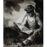 VALERIE GANZ charcoal and ink - seated miner reading with his helmet torch light, entitled verso '