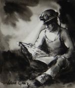 VALERIE GANZ charcoal and ink - seated miner reading with his helmet torch light, entitled verso '