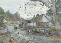 THOMAS ELLISON watercolour - thatched cottage with figure pushing wheelbarrow and poultry, signed,
