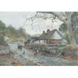 THOMAS ELLISON watercolour - thatched cottage with figure pushing wheelbarrow and poultry, signed,