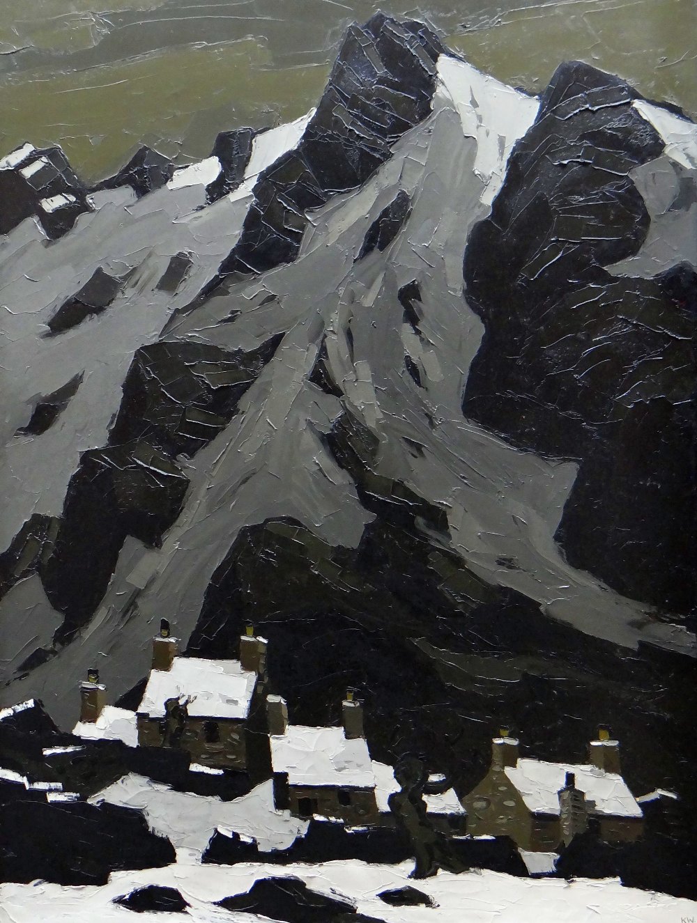 SIR KYFFIN WILLIAMS RA oil on canvas - cottages in snow under the shadow of Esgair Felen, Eryri (