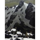 SIR KYFFIN WILLIAMS RA oil on canvas - cottages in snow under the shadow of Esgair Felen, Eryri (