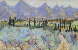 GWILYM PRICHARD pastel - French landscape in Provence, entitled verso 'Les Alpilles', signed, 18.5 x
