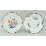 TWO NANTGARW PORCELAIN PLATES WITH CHOCOLATE RIMS enamel painted flowers, impressed NANT GARW CW