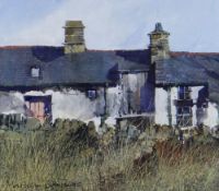 MALCOLM EDWARDS watercolour - a row of semi-derelict traditional Welsh cottages, signed in full,