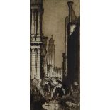 SIR FRANK BRANGWYN RA etching - view of Dorsoduro, Venice with the house of Robert Browning, signed,