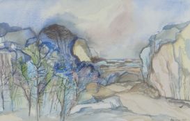 BERT ISAAC watercolour - trees and cliffs with beach, signed and dated 1988, 36 x 55cms