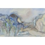 BERT ISAAC watercolour - trees and cliffs with beach, signed and dated 1988, 36 x 55cms