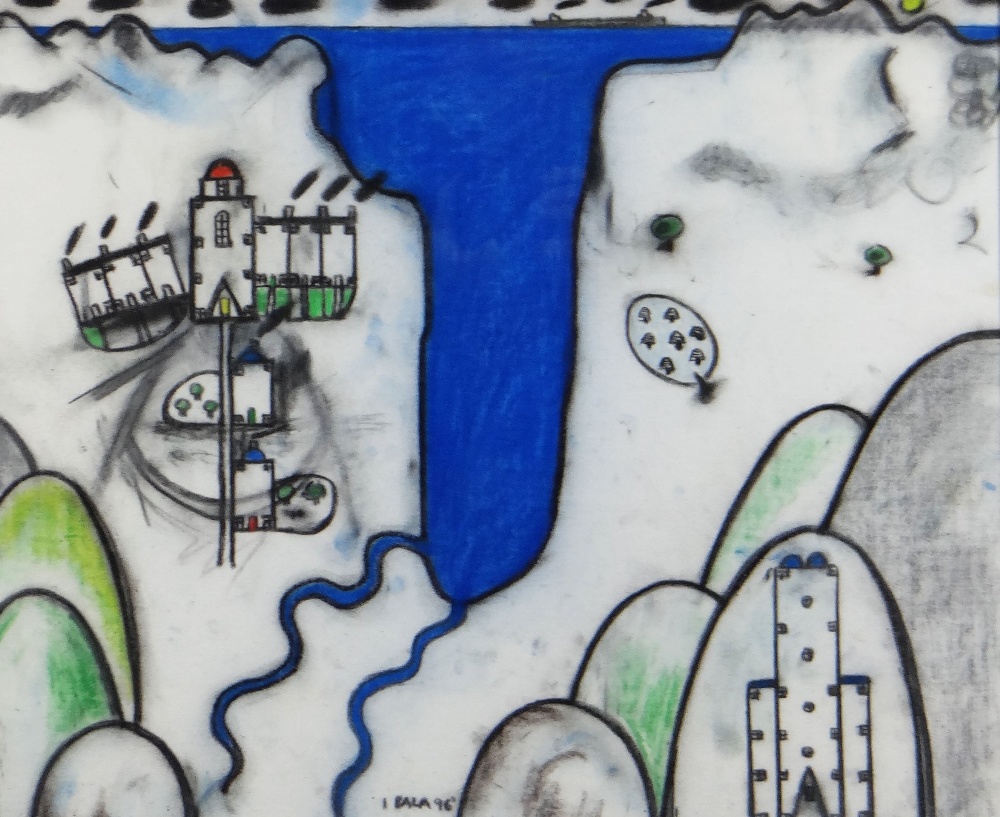 IWAN BALA mixed media on linen - graphic of coastal scene with lighthouse, terraced houses and