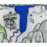 IWAN BALA mixed media on linen - graphic of coastal scene with lighthouse, terraced houses and