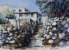 VALERIE GANZ watercolour - steps to Cypriot villa, signed, 24 x 33cms Provenance: private collection