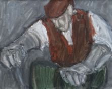 MIKE JONES oil on board - entitled verso 'Seated Farmer (Green Cords)', signed, 39.5 x 48cms