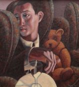 EDWARD POVEY oil on canvas - male figure at a table with wine glass and a teddy bear in a chair,