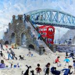 NICK HOLLY limited edition (36/50) print - The Slip Bridge, Swansea, with many figures and bus,