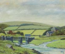 HYWEL HARRIES oil on board - Powys landscape with St Michael's Church, Abergwesyn, signed with