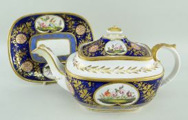 A SWANSEA PORCELAIN TEAPOT & STAND set pattern No.404 decorated with wide deep-blue band, narrow