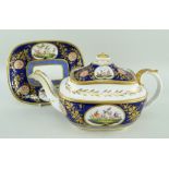 A SWANSEA PORCELAIN TEAPOT & STAND set pattern No.404 decorated with wide deep-blue band, narrow