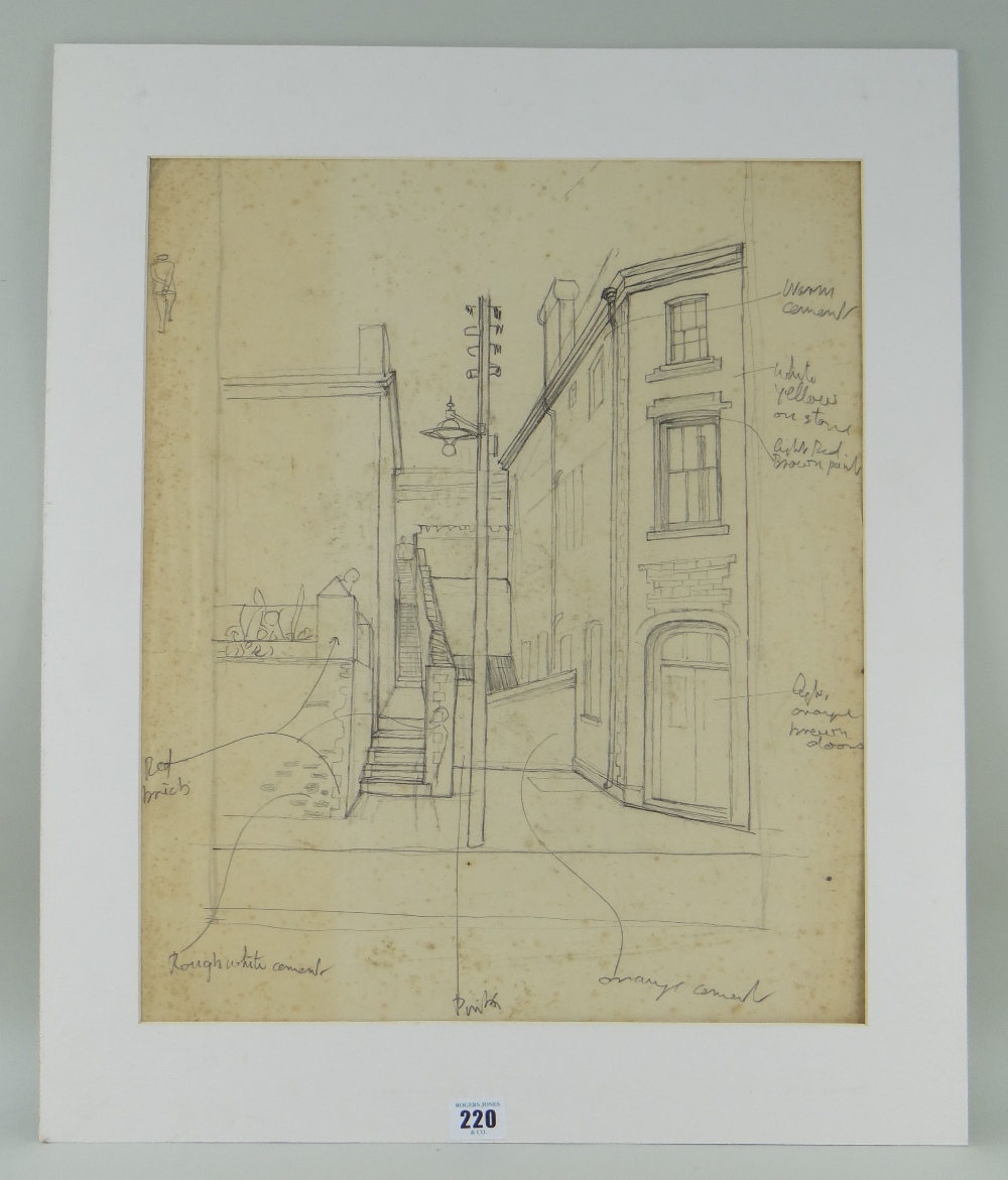 GEORGE CHAPMAN preliminary drawing - south Wales valleys street scene with annotations, 1960s, 48 - Image 2 of 2