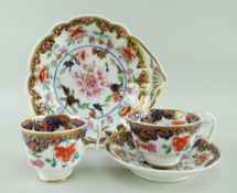 A SWANSEA PORCELAIN SHELL HANDLED DISH & MATCHING TRIO dish handle picked out in gold, decorated