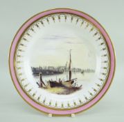 A SWANSEA PORCELAIN PLATE WITH LONDON SCENE of circular form, painted with a figure seated on a boat