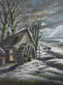 ALFRED WORTHINGTON gouache - winter landscape with water-mill at dusk, signed, 48 x 35cms