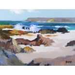 DONALD MCINTYRE acrylic - rocky coastal scene, signed with initials and entitled verso 'Gower