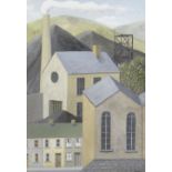 CLIO MANSEL BROAD watercolour - Welsh mining village with terrace of houses and mine workings and