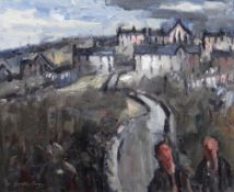 GARETH PARRY oil on canvas - two figures walking away from distant village, entitled verso 'Tu Allan