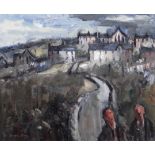 GARETH PARRY oil on canvas - two figures walking away from distant village, entitled verso 'Tu Allan