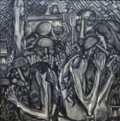 NICK EVANS large oil on board - miners, some with bare chests, working underground in a tight