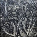 NICK EVANS large oil on board - miners, some with bare chests, working underground in a tight