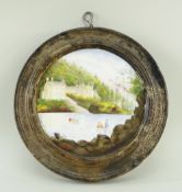 ROUND SWANSEA PORCELAIN PLAQUE with river scene with figures punting and buildings by William Weston