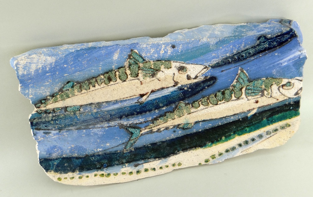 BRONWYN WILLIAMS-ELLIS clay panel and paints - two long fishes, signed, 42 x 23cms Provenance: - Image 2 of 3