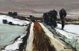 DONALD MCINTYRE oil on board - landscape, entitled verso 'Winter Trees, Anglesey', signed, 49 x