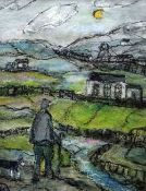 PETER JOHN JONES acrylic on canvas - figure observing a mining town from distance, entitled '